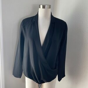Theory Womens Petite Black 100% Silk Wrap Front Draped Blouse Drawstring Hem